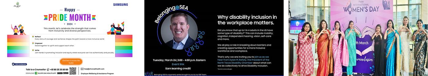 Three images showing Samsung Electronics’ Employee Resource Group (ERG) activities related to diversity and inclusion. From left to right: ① a poster celebrating Pride Month 2024, ② an event poster for a lecture on the importance of disability inclusion in the workplace, and ③ employees dressed in traditional sarees posing in front of a photo zone for International Women's Day.